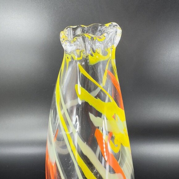 Hand Blown Studio Art Glass Swung Vase Clear Multicolor Swirls Hand Made Glass - Picture 15 of 16